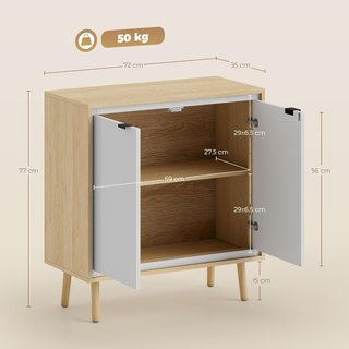 Credenza de Cocina Con 2 Puertas, Mueble de Cocina Moderno Con Estante Regulable y Patas de Madera, Credenza Buffet para Sala de Estar, Comedor y Salón, 72X35X77 Cm, Blanco Brillante y Roble