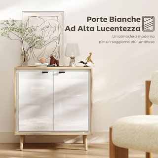 Credenza de Cocina Con 2 Puertas, Mueble de Cocina Moderno Con Estante Regulable y Patas de Madera, Credenza Buffet para Sala de Estar, Comedor y Salón, 72X35X77 Cm, Blanco Brillante y Roble