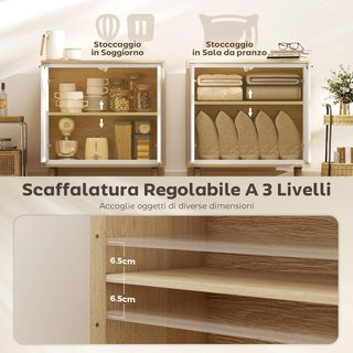 Credenza de Cocina Con 2 Puertas, Mueble de Cocina Moderno Con Estante Regulable y Patas de Madera, Credenza Buffet para Sala de Estar, Comedor y Salón, 72X35X77 Cm, Blanco Brillante y Roble