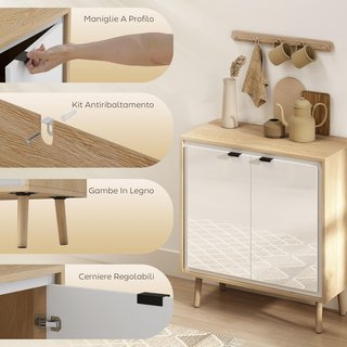 Credenza de Cocina Con 2 Puertas, Mueble de Cocina Moderno Con Estante Regulable y Patas de Madera, Credenza Buffet para Sala de Estar, Comedor y Salón, 72X35X77 Cm, Blanco Brillante y Roble