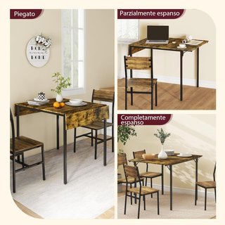 Mesa de Comedor Plegable Estilo Industrial para 2-4 Personas con 2 Lados Extensibles, Mesa Plegable de Cocina para Espacios Pequeños en Madera y Metal, 120X79X79 Cm, Marrón Rústico