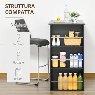 Barra de Cocina Mesa Alta Con 3 Estantes de Madera, Decoración Moderna Casa y Bar, 112X57X106Cm, Negro