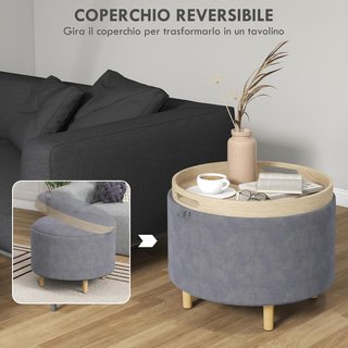 Pouf Contenedor de Tela Sherpa de 120 Kg Máx con Bandeja Plegable, Mesa de Café en MDF y Haya con Espacio Oculto, 56X56X42 Cm, Gris