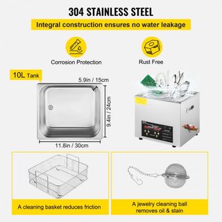 Limpiador Ultrasónico Mejorado de 10L (Calentador de 400W, Ultrasónico de 240W) Limpiador Ultrasónico Digital Profesional de Laboratorio con Temporizador de Calentador para Limpieza de Piezas e In...