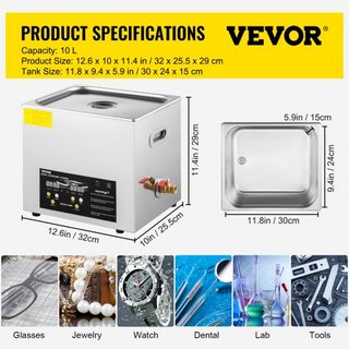 Limpiador Ultrasónico Mejorado de 10L (Calentador de 400W, Ultrasónico de 240W) Limpiador Ultrasónico Digital Profesional de Laboratorio con Temporizador de Calentador para Limpieza de Piezas e In...