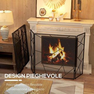 Rejilla Parascintille para Chimenea Plegable de 3 Paneles, Pantalla para Chimenea de Acero con Diseño Geométrico, 135X1.2X85Cm, Negro