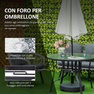 Mesa de Jardín Redonda con Agujero para Sombrilla, Mesa de Exterior de Acero y Vidrio Ф106.5Cm, Negra