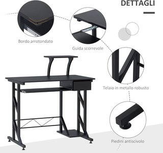 Escritorio para Computadora Ahorra Espacio de Acero y Madera, Escritorio de Oficina con Cajón, Estante para Teclado Extraíble 90 x 50 x 95 cm
