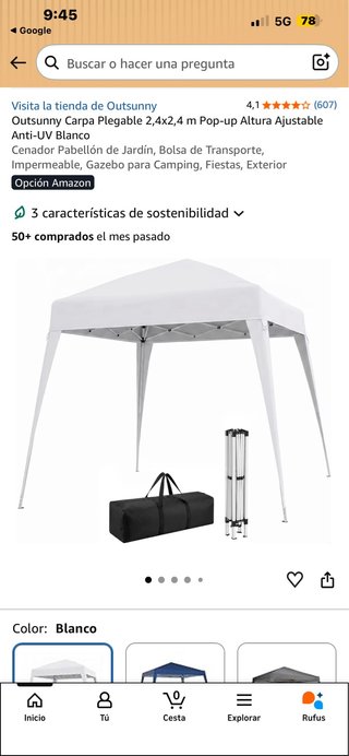 Carpa Plegable Outsunny 2,4x2,4m Blanca