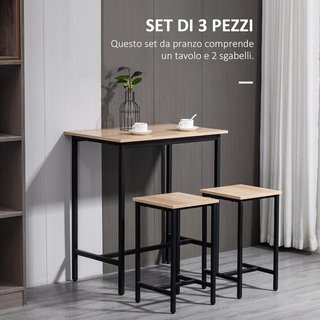 Set de 3 Piezas con Mesa y 2 Taburetes de Cocina Estilo Industrial, Mobiliario Moderno para Salón y Sala de Estar, Madera Natural y Negra