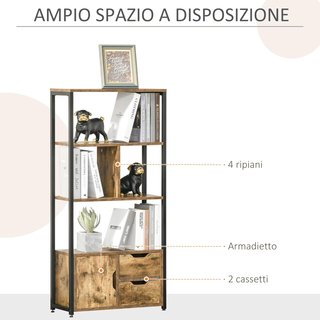 Mueble Librería Con 3 Estantes, Armario Y 2 Cajones, Librería Estilo Industrial En Aglomerado Y Metal, 58X24X122 Cm, Negro Y Color Madera