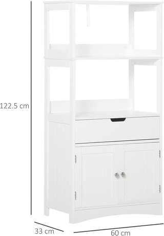 Mueble de Baño con Estantes, Armario y Cajón, Mueble de Baño Multiusos de Madera, Blanco, 60X33X122.5Cm