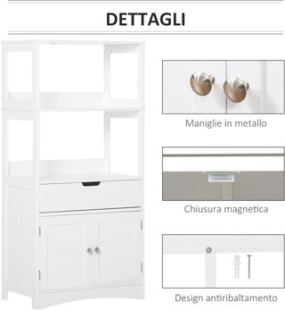 Mueble de Baño con Estantes, Armario y Cajón, Mueble de Baño Multiusos de Madera, Blanco, 60X33X122.5Cm