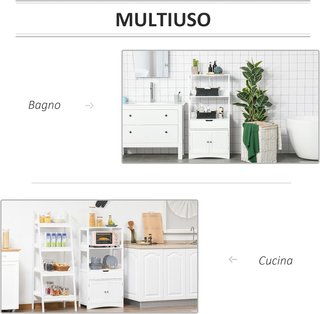Mueble de Baño con Estantes, Armario y Cajón, Mueble de Baño Multiusos de Madera, Blanco, 60X33X122.5Cm