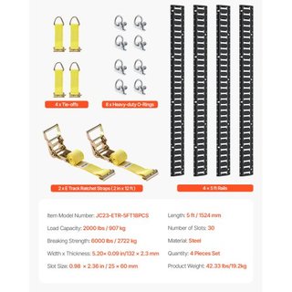 Kit de Rieles de Amarre E, 18PCS Set de 5' E-Tracks Incluye 4 Rieles de Acero y 8 Anclajes en O y 4 Puntos de Amarre con D-Ring y 2 Correas de Tracción, Accesorios de Seguridad para Carga de Motoc...