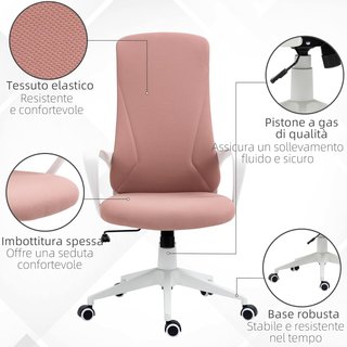 Silla De Oficina, Silla De Escritorio Ergonómica Con Soporte Lumbar, Respaldo Alto Y Apoyabrazos, Silla De Estudio Giratoria En Tela Con Función De Balanceo Y Altura Ajustable, Rosa