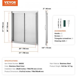 Puerta de Acceso para BBQ, Puerta Doble para Cocina Exterior de 790x790 mm, Puerta de Montaje Flush de Acero Inoxidable, Puerta Vertical de Pared con Manijas, para Isla de BBQ, Estación de Asado, ...