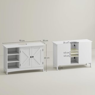 Mueble Bajo Lavabo de Suelo, Armario de Baño de 2 Puertas con 3 Estantes Abiertos en Estilo Country, 90X30X60Cm, Blanco