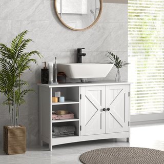 Mueble Bajo Lavabo de Suelo, Armario de Baño de 2 Puertas con 3 Estantes Abiertos en Estilo Country, 90X30X60Cm, Blanco