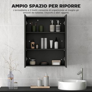 Armario Colgante De Baño Con Dos Puertas Y Espejo Y 2 Estantes Internos, Mueble De Baño Con Espejo Y Cierre Suave En MDF, 60X15X75 Cm, Negro