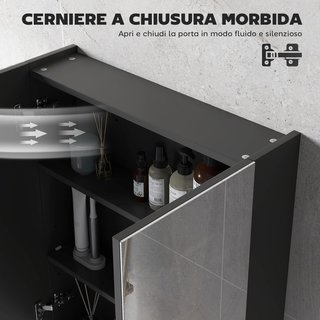 Armario Colgante De Baño Con Dos Puertas Y Espejo Y 2 Estantes Internos, Mueble De Baño Con Espejo Y Cierre Suave En MDF, 60X15X75 Cm, Negro