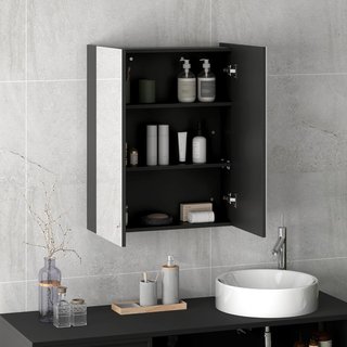 Armario Colgante De Baño Con Dos Puertas Y Espejo Y 2 Estantes Internos, Mueble De Baño Con Espejo Y Cierre Suave En MDF, 60X15X75 Cm, Negro