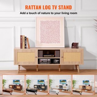 Soporte de TV de ratán para TV de 65" (165.1 cm) Soporte de TV Boho con enchufe incorporado en roble