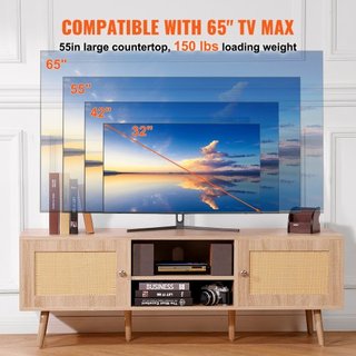 Soporte de TV de ratán para TV de 65" (165.1 cm) Soporte de TV Boho con enchufe incorporado en roble