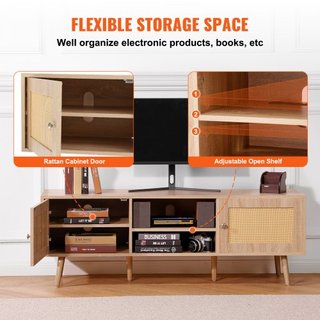 Soporte de TV de ratán para TV de 65" (165.1 cm) Soporte de TV Boho con enchufe incorporado en roble