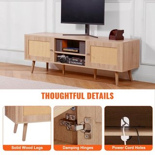 Soporte de TV de ratán para TV de 65" (165.1 cm) Soporte de TV Boho con enchufe incorporado en roble