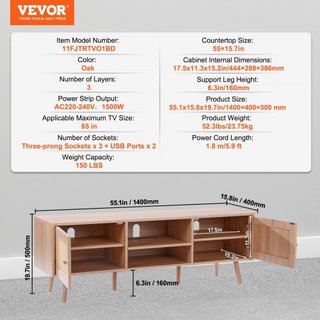 Soporte de TV de ratán para TV de 65" (165.1 cm) Soporte de TV Boho con enchufe incorporado en roble