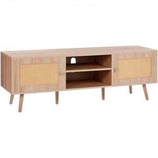 Soporte de TV de ratán para TV de 65" (165.1 cm) Soporte de TV Boho con enchufe incorporado en roble