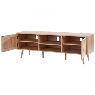 Soporte de TV de ratán para TV de 65" (165.1 cm) Soporte de TV Boho con enchufe incorporado en roble
