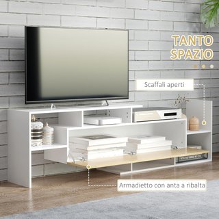 Mueble de TV con Estante de Pared, Estantes Abiertos y Armario de Madera, Mueble de TV Moderno para Sala de Estar y Dormitorio, Blanco y Madera