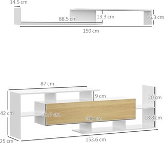 Mueble de TV con Estante de Pared, Estantes Abiertos y Armario de Madera, Mueble de TV Moderno para Sala de Estar y Dormitorio, Blanco y Madera