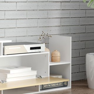 Mueble de TV con Estante de Pared, Estantes Abiertos y Armario de Madera, Mueble de TV Moderno para Sala de Estar y Dormitorio, Blanco y Madera