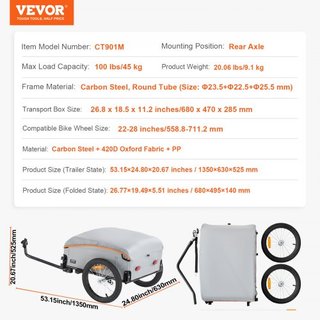 Remolque de Carga para Bicicleta, Capacidad de Carga de 88/100/160 lbs, Carro de Bicicleta de Alta Resistencia, Almacenamiento Compacto Plegable con Enganche Universal