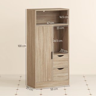 Mueble de Baño Ahorra Espacio Slim, Mueble de Baño Con 2 Cajones, Estantes Regulables a 3 Niveles y Armario, Estilo Nórdico, 50X25X100 Cm, Madera Natural
