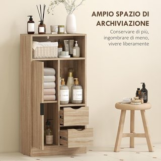 Mueble de Baño Ahorra Espacio Slim, Mueble de Baño Con 2 Cajones, Estantes Regulables a 3 Niveles y Armario, Estilo Nórdico, 50X25X100 Cm, Madera Natural