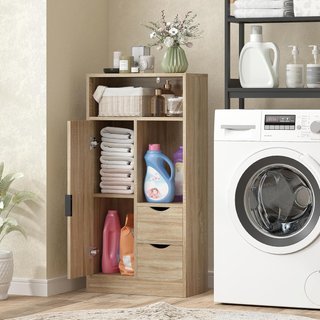 Mueble de Baño Ahorra Espacio Slim, Mueble de Baño Con 2 Cajones, Estantes Regulables a 3 Niveles y Armario, Estilo Nórdico, 50X25X100 Cm, Madera Natural