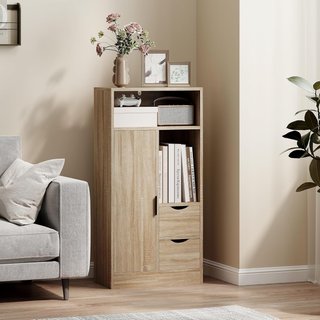 Mueble de Baño Ahorra Espacio Slim, Mueble de Baño Con 2 Cajones, Estantes Regulables a 3 Niveles y Armario, Estilo Nórdico, 50X25X100 Cm, Madera Natural