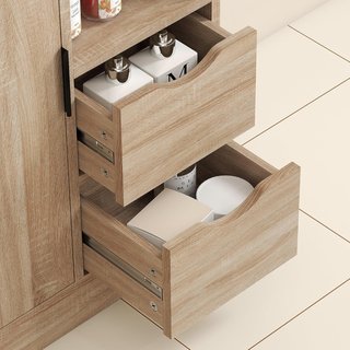 Mueble de Baño Ahorra Espacio Slim, Mueble de Baño Con 2 Cajones, Estantes Regulables a 3 Niveles y Armario, Estilo Nórdico, 50X25X100 Cm, Madera Natural