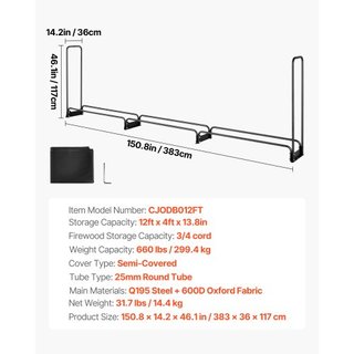 Soporte para leña de exterior de 3.9 m con cubierta, 386 cm x 36 cm x 117 cm, soporte de leña resistente y cubierta impermeable de Oxford 600D para chimenea, patio, almacenamiento de troncos inter...
