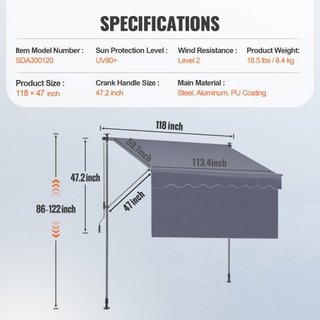 Toldo Retráctil Manual, Toldo Retráctil para Patio Exterior de 118" con Refugio Solar, Toldo Ajustable para Puerta de Patio y Ventana con Cortina de Sombra de 39" para Jardín, Patio, Balcón