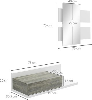 Mueble De Entrada 2 en 1 Con Espejo De Pared 75X3.5X75 Cm Y Cajón 75X30.5X20 Cm, Set De Entrada En MDF Y Vidrio, Gris Y Blanco