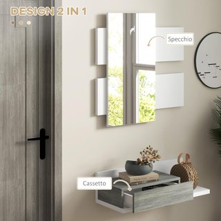 Mueble De Entrada 2 en 1 Con Espejo De Pared 75X3.5X75 Cm Y Cajón 75X30.5X20 Cm, Set De Entrada En MDF Y Vidrio, Gris Y Blanco