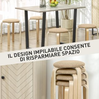 Juego de 4 Taburetes Apilables para Cocina y Sala de Estar, Taburetes Acolchados con Tapizado de Tela de Lino y Patas de Madera, Caqui