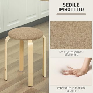 Juego de 4 Taburetes Apilables para Cocina y Sala de Estar, Taburetes Acolchados con Tapizado de Tela de Lino y Patas de Madera, Caqui