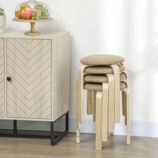 Juego de 4 Taburetes Apilables para Cocina y Sala de Estar, Taburetes Acolchados con Tapizado de Tela de Lino y Patas de Madera, Caqui