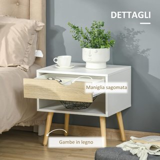 Juego De 2 Mesitas Modernas Con Cajón Y Estante, Base Elevada Y Patas De Madera, 50X39X51Cm, Blanco Y Roble